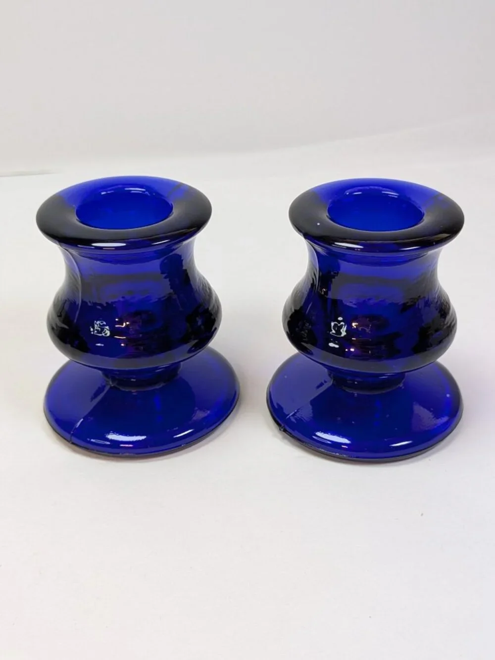VTG 60s Cobalt Blue Glass Candlestick Holders Pedestal Mid Century Heavy Mini